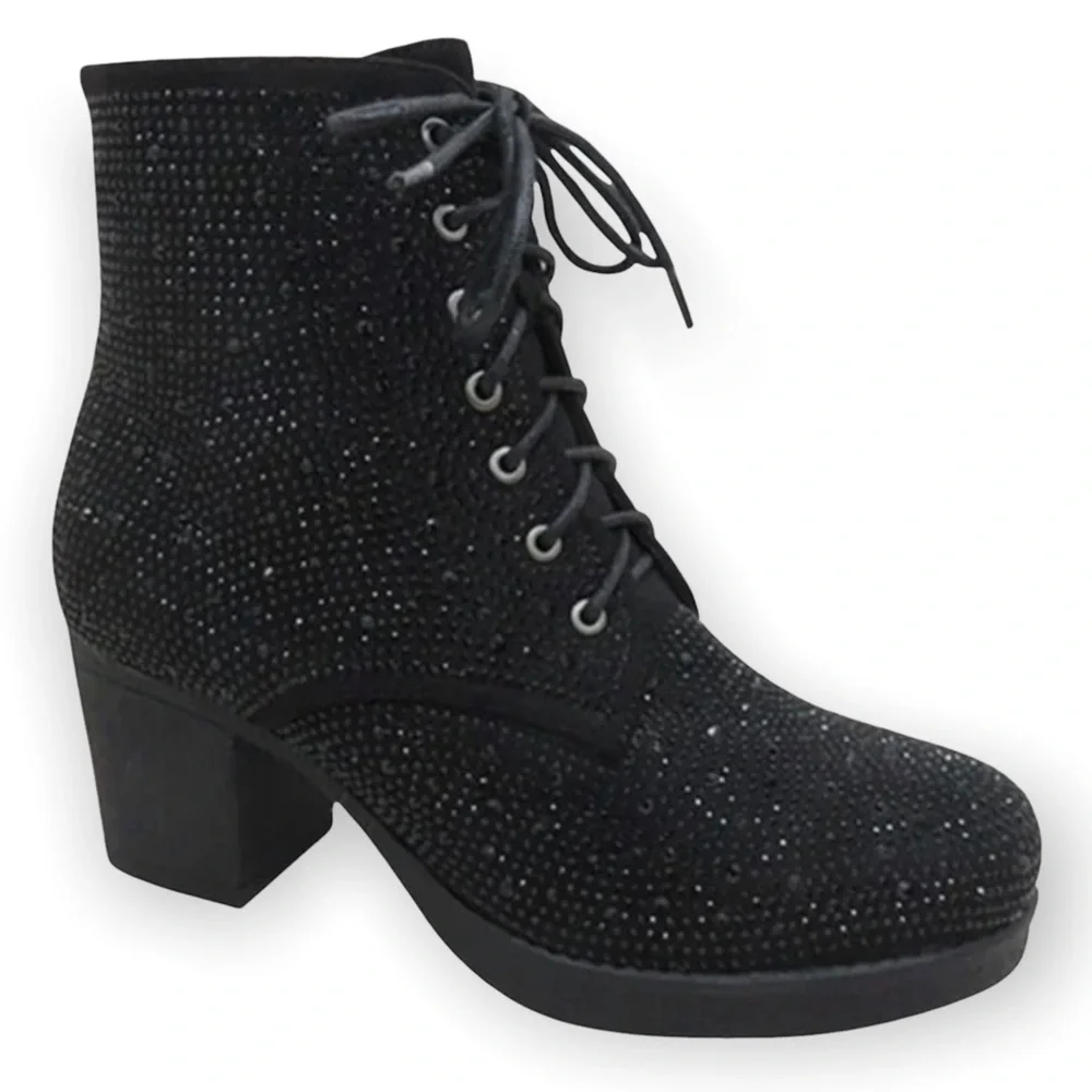 SIZE 11 Italina Black‎ Metallic Glitter Rhinestone Embellished Combat Bootie